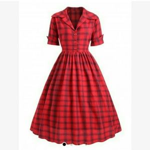 Plus Size Checked Shirt Collar Vintage Dress - Red
